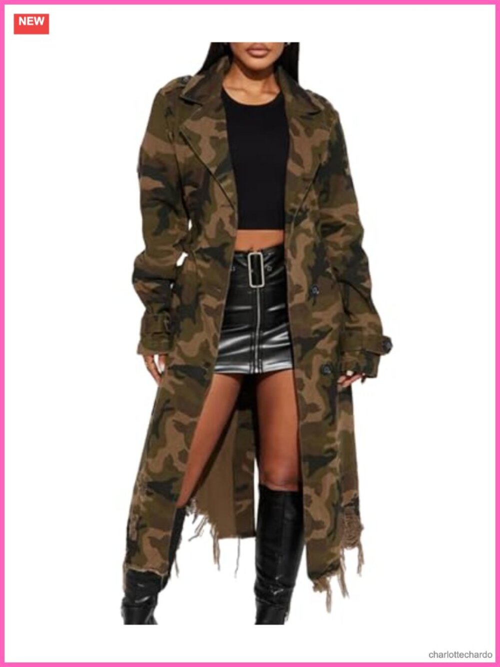 Women's Camo Long Trench Coat Distressed Tassel Military Jacket with Belt